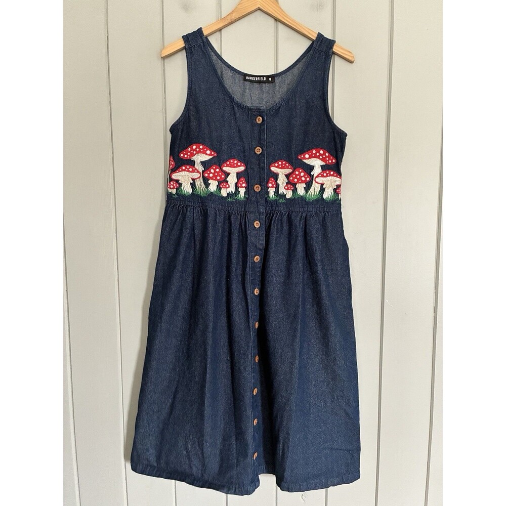 Dangerfield Mushroom Dress 8 Embroidered Denim Button Midi Blue Sleeveless